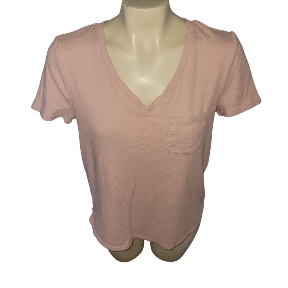 Marled Essentials Pink V Neck Pocket Tee Shirt Womens Size Medium Cotton‎ Blend